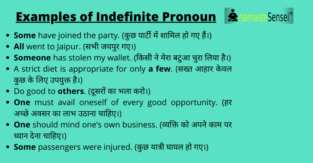 example of indefinite pronoun in hindi or indefinite pronoun examples