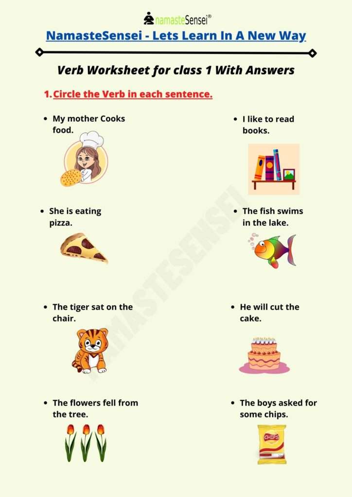 Verb Worksheet For Class 1 With Answers Download PDF