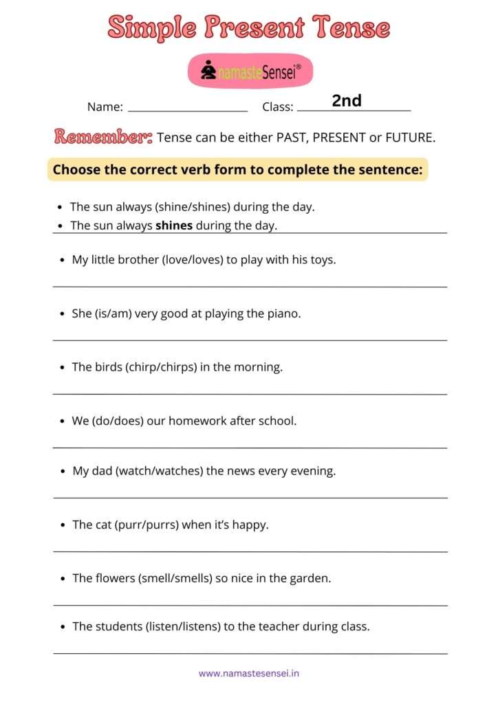  Simple present Tense worksheet  for class 2 | Present indefinite tense worksheet for class 2