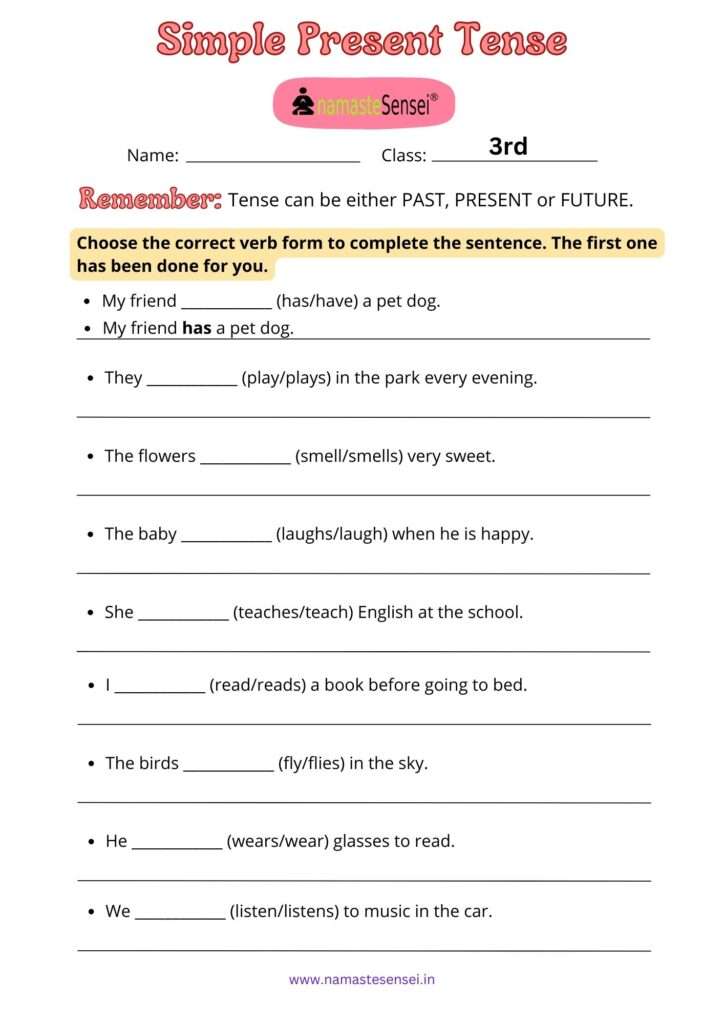  Simple present Tense worksheet  for class 3 | present indefinite tense exercise for class 3