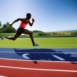 Athlete running around a curved track: