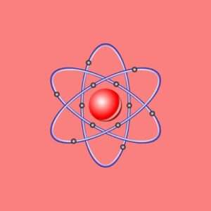 Electrons orbiting the nucleus of an atom.