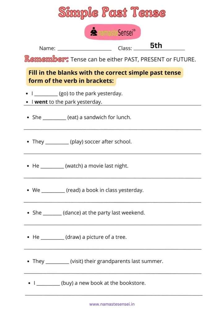 Simple past Tense worksheet  for class 5 worksheet with answers 