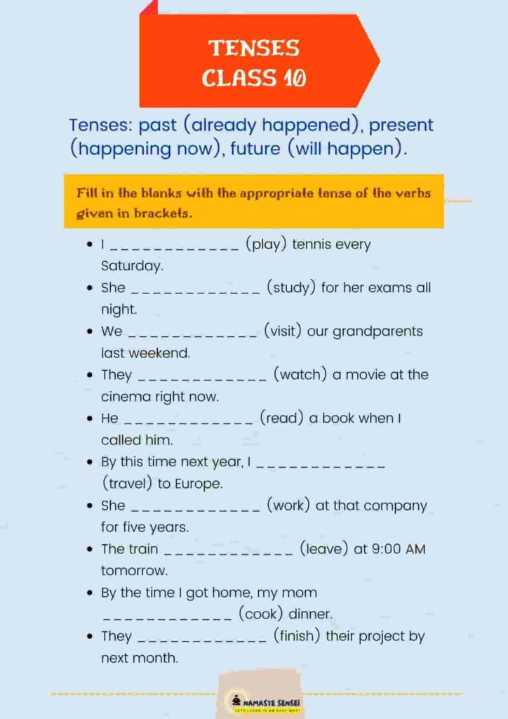 tenses worksheet for class 10 with answers | worksheet on tenses for class 10 | Exercise on tenses for class 10 level free pdf