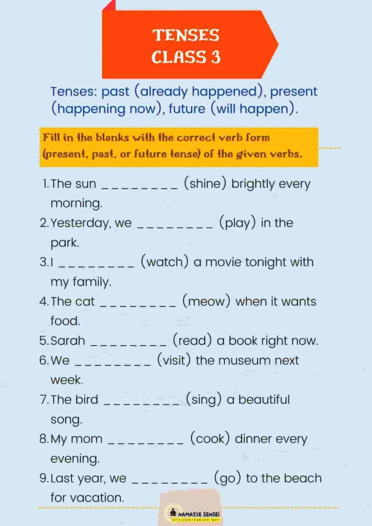 tenses worksheet for class 3 | worksheet for tense for class 3  free pdf download
