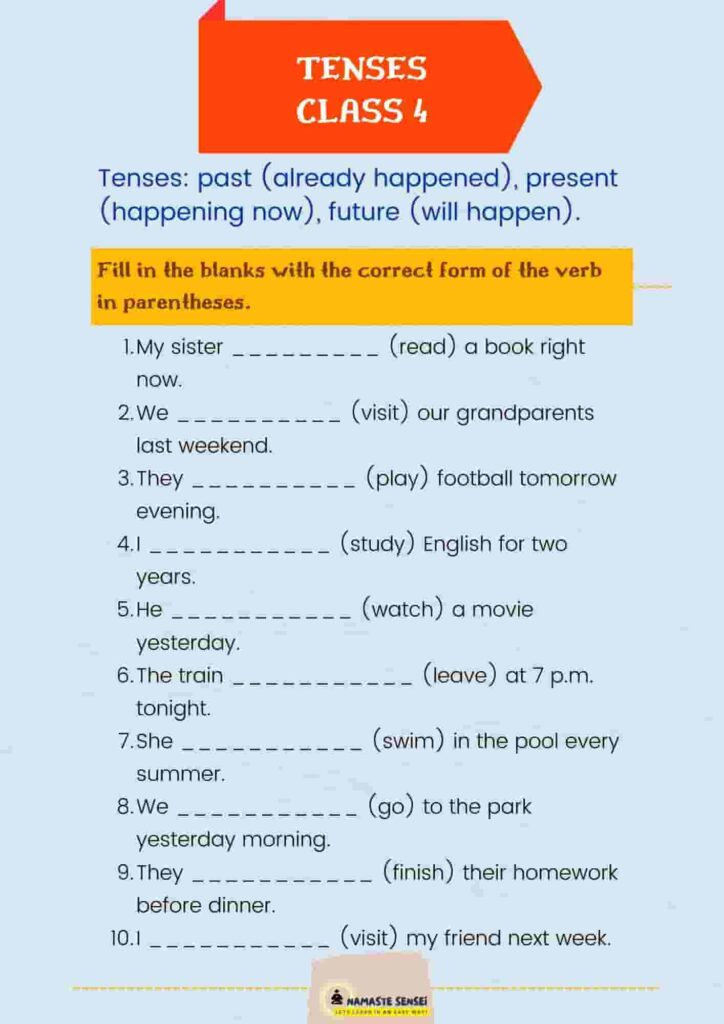 tenses worksheet for class 4 | tenses exercise | worksheet on tenses