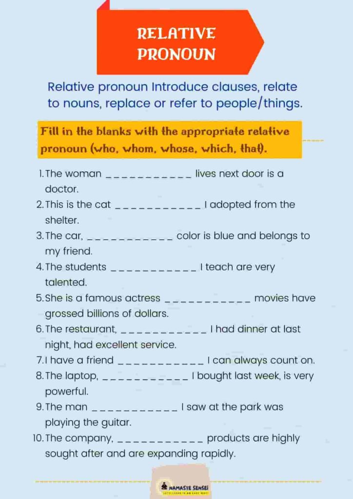relative pronoun worksheet with answers