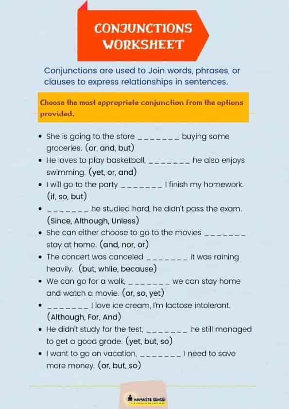 conjunctions worksheet with answers and free pdf
