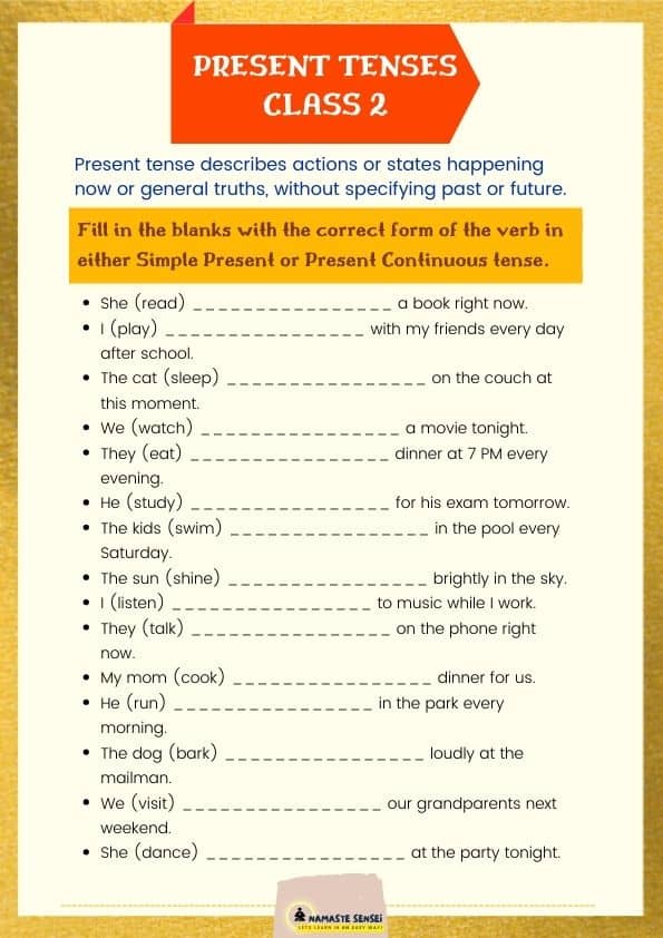 mixed present tenses worksheet for class 2 | present tenses exercises for class 2
