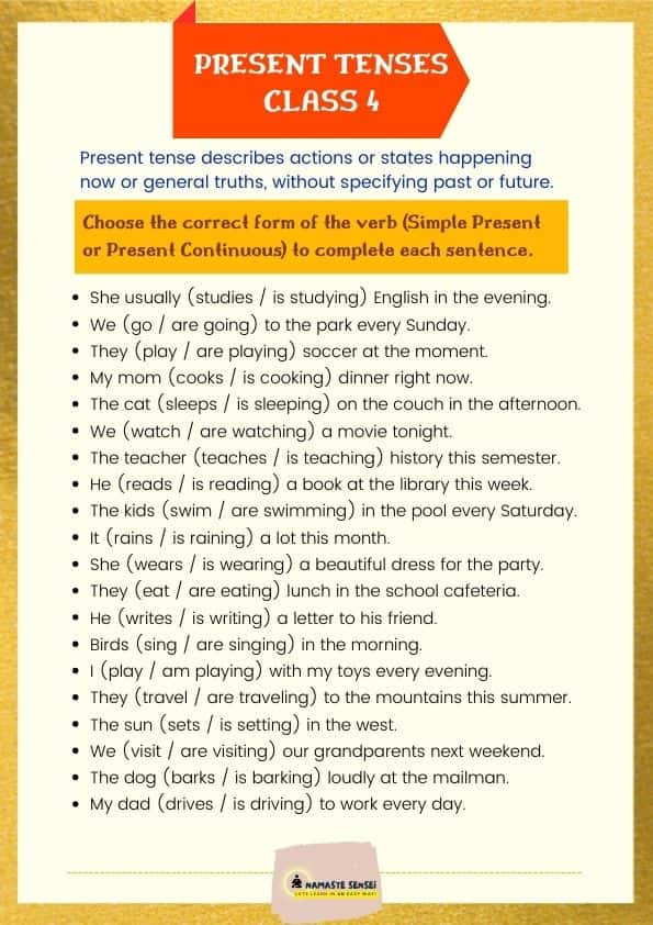 mixed present tenses worksheet for class 4 | present tenses exercises for class 4