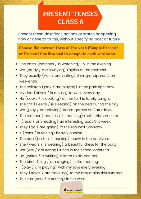 mixed present tenses worksheet for class 6 | present tenses exercises for class 6
